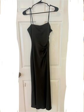 Zara Black Satin Midi Slip Dress with Spaghetti Straps